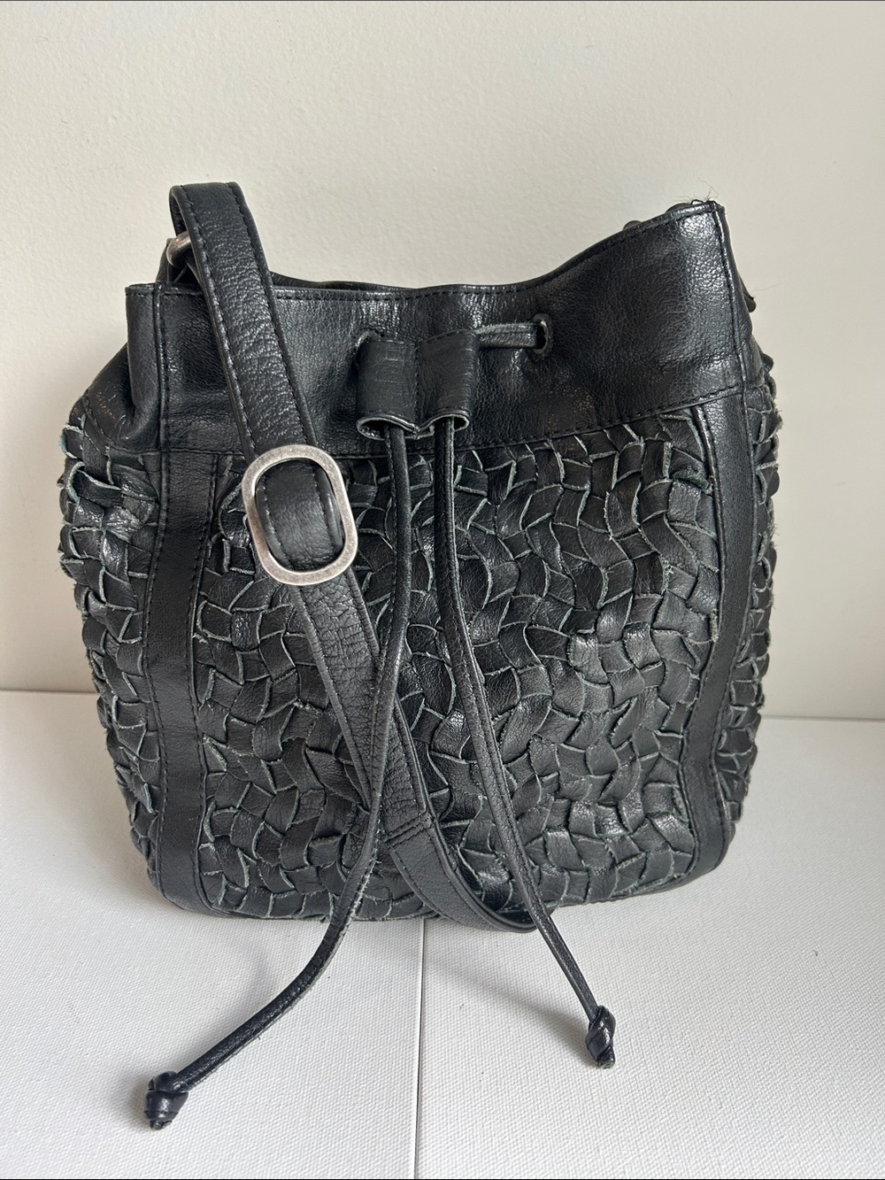 Day & Mood Woven Leather Bailee Bucket Bag in Black
